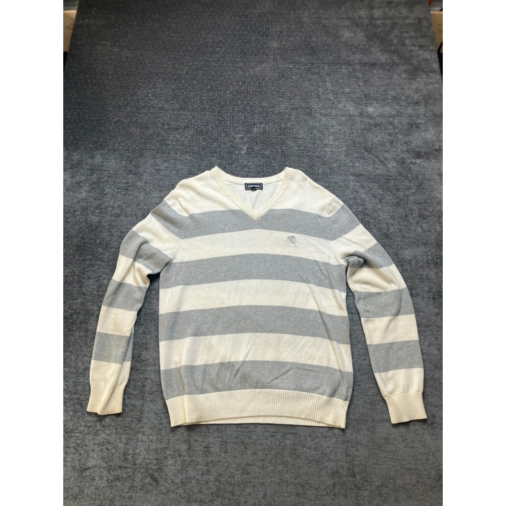 Express Sweater Mens Medium White Gray Striped Knit Cotton Logo Pullover V-Neck